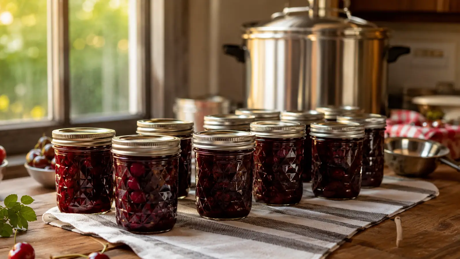Rows of filled Ball jars of cherry preserves cooling on a kitchen towel next to a stainless steel canning pot