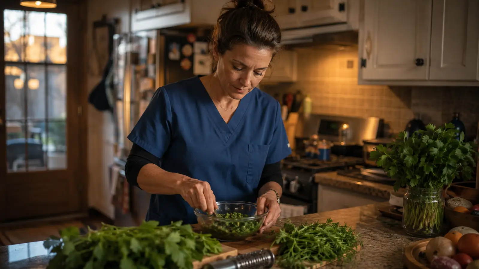Woman in scrubs prepping a big batch of chimichurri with fresh herbs on a kitchen counter before a night shift