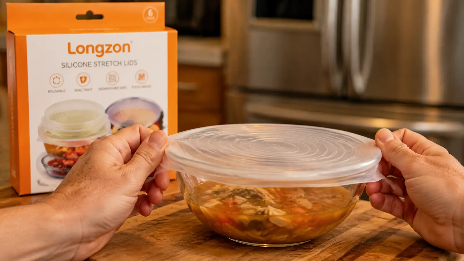 Hand pulling a stretch lid over a glass bowl of leftover soup
