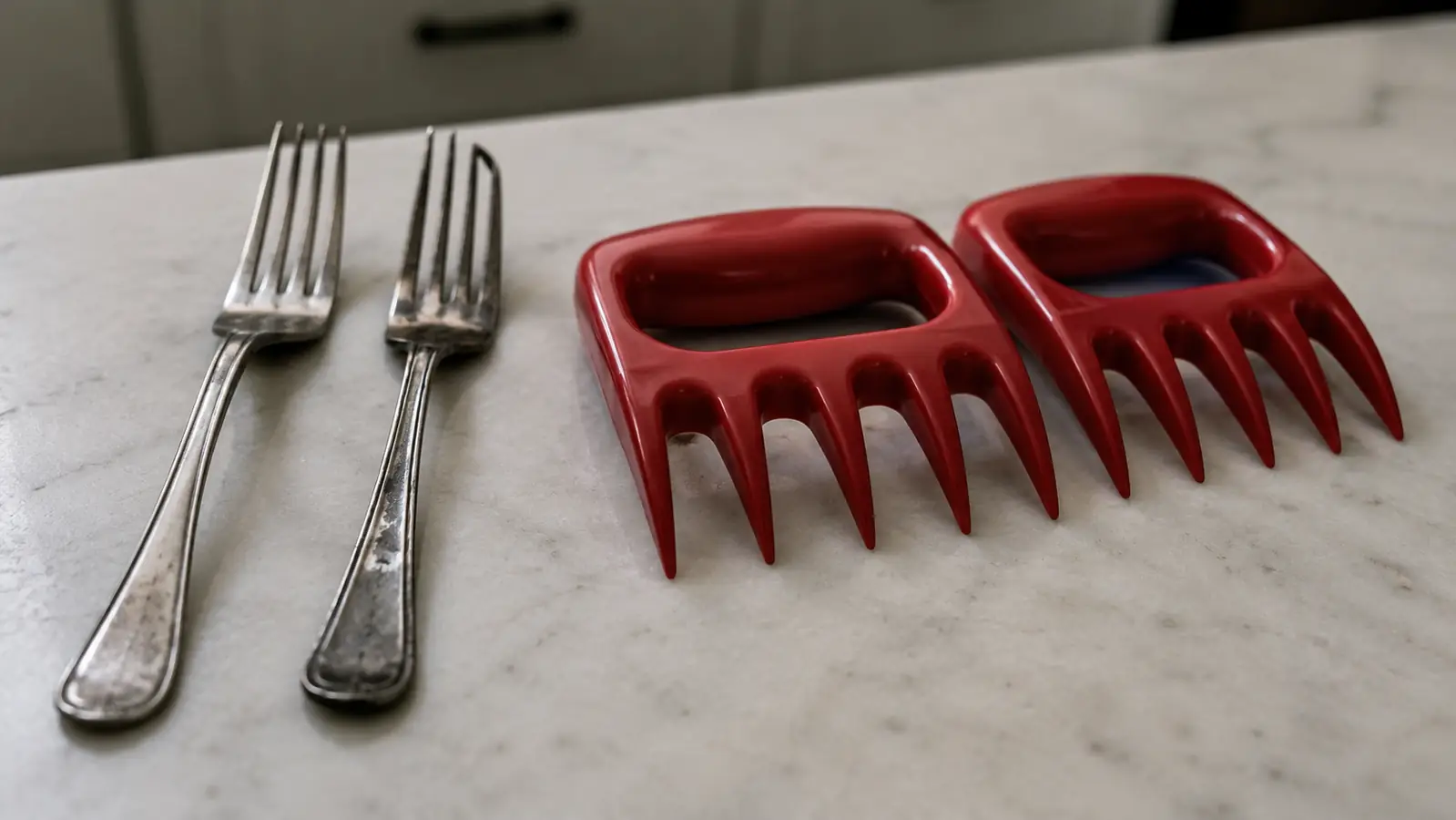 Two dinner forks bent and set aside next to a pair of meat claws on a counter