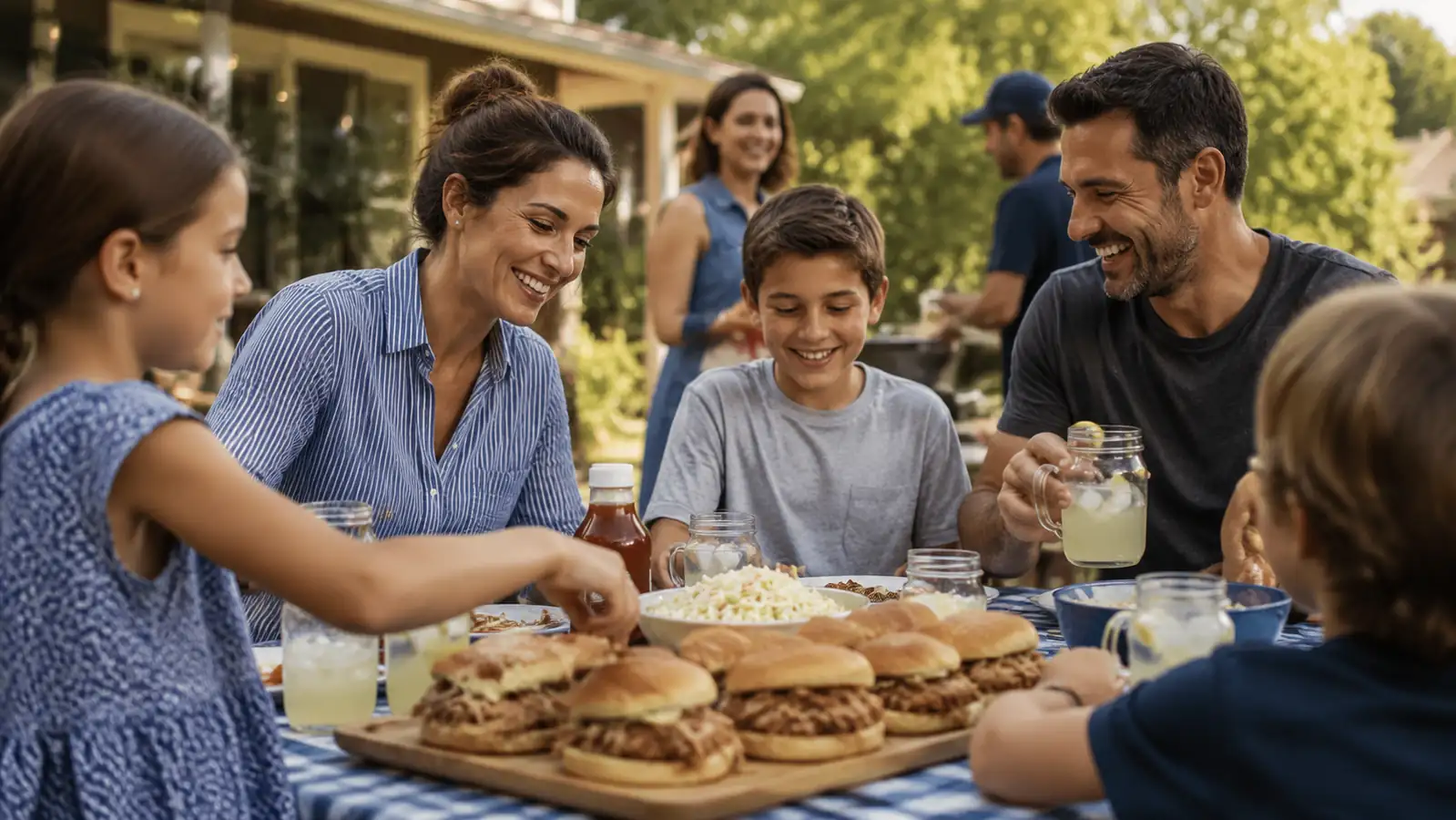 Family gathered around a picnic table eating pulled pork sandwiches outdoors