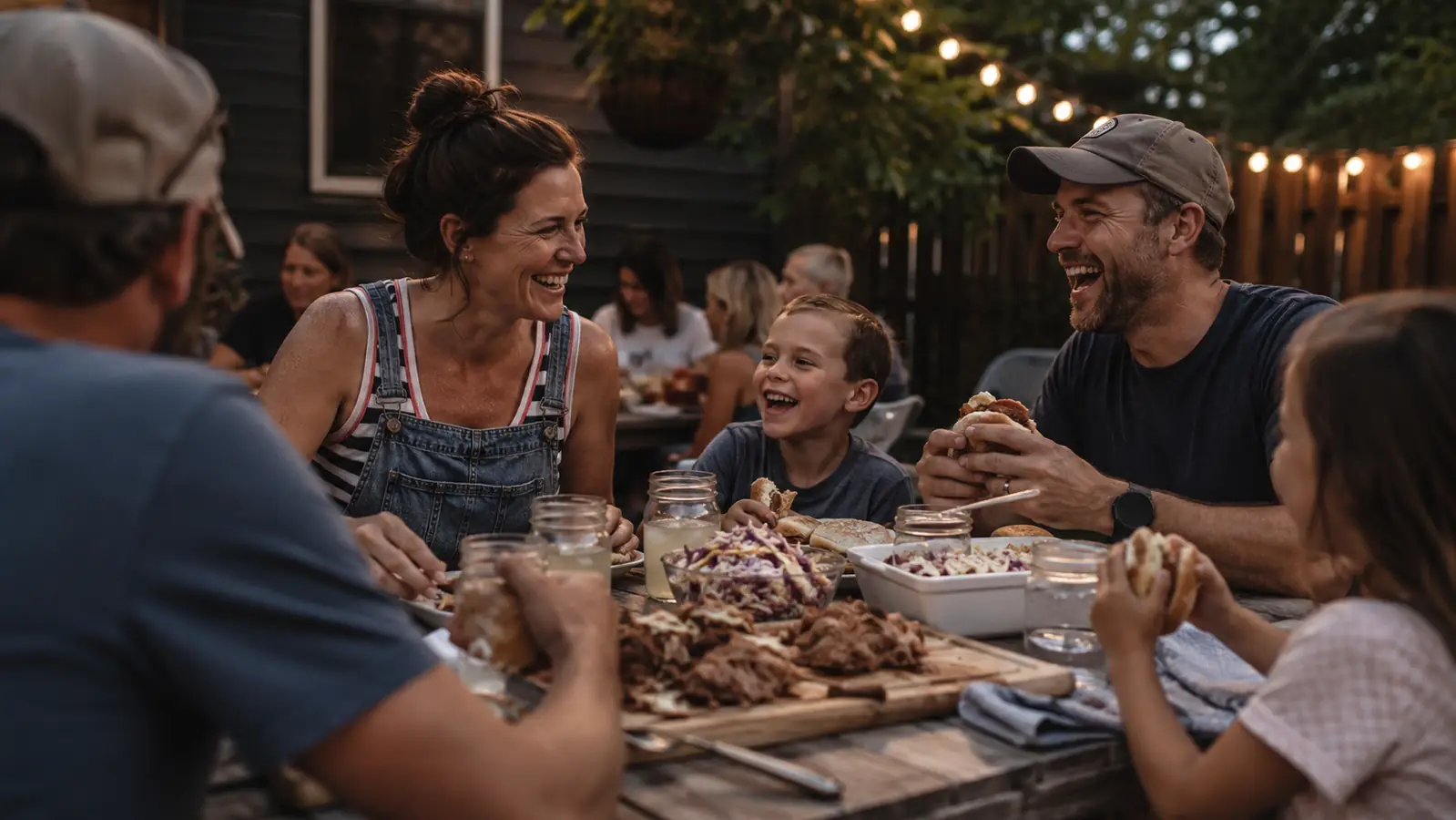 A family gathered around a backyard picnic table eating pulled pork sandwiches on a summer evening