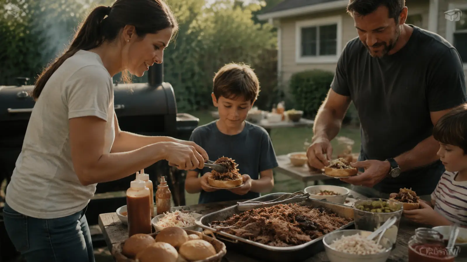 Family gathered around a backyard picnic table eating pulled pork sandwiches on a summer afternoon