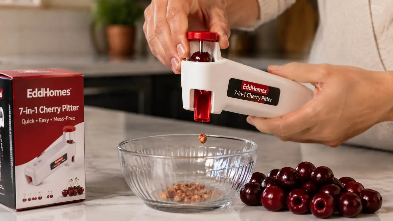 Hand pressing a cherry through a small handheld pitter over a glass bowl, pit dropping out clean
