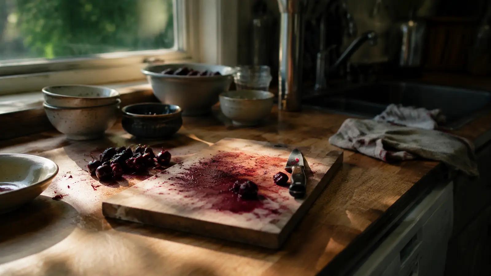 Kitchen counter covered in cherry stains, a paring knife, and a pile of half-pitted cherries