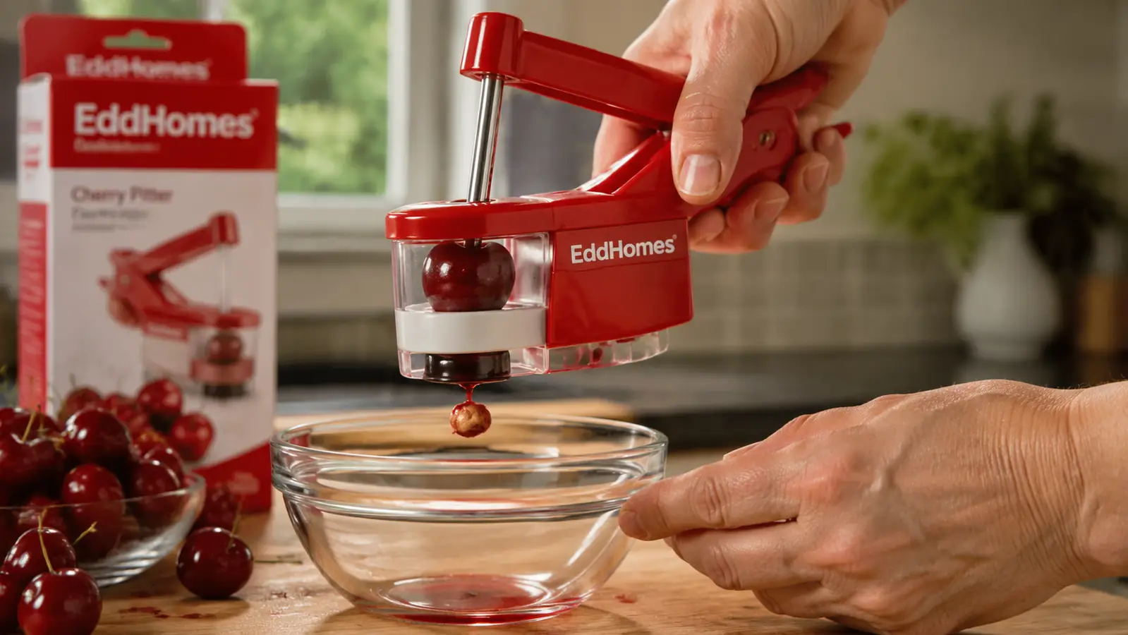 Close-up of a hand squeezing the EddHomes cherry pitter over a cherry, pit ejecting into a small bowl