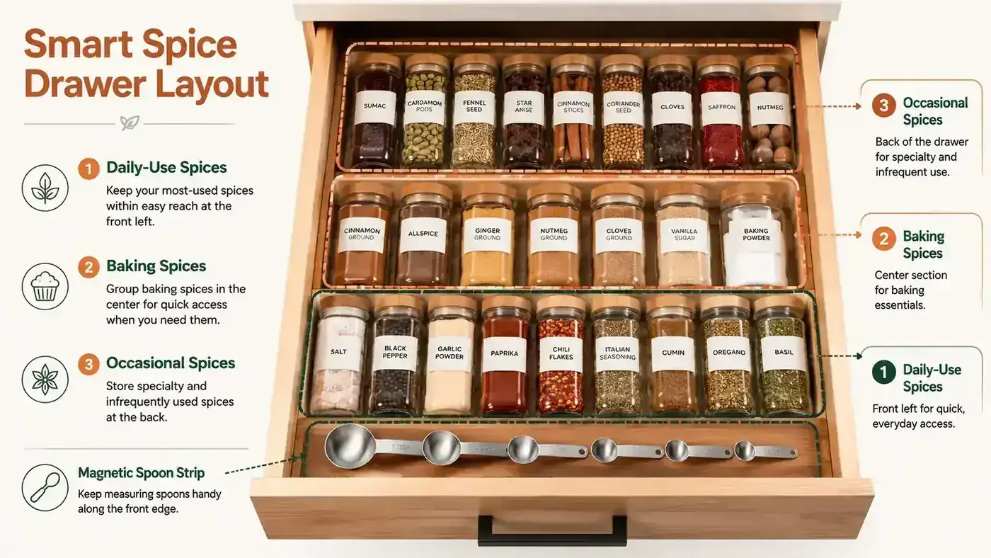 Diagram showing a spice drawer layout divided into daily, baking, and occasional-use bins