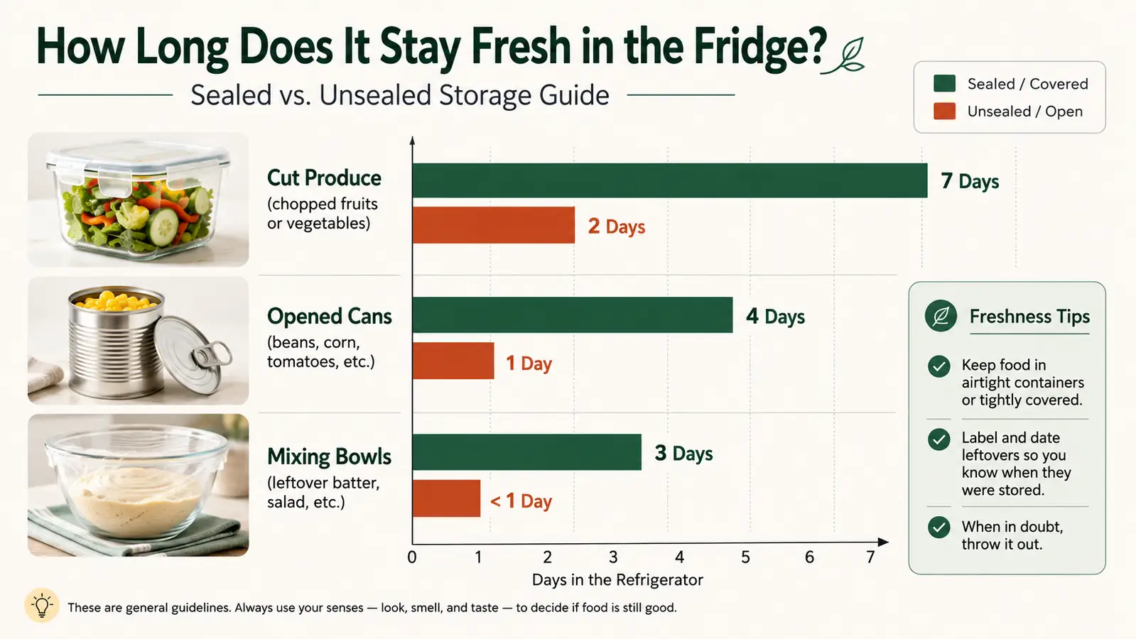 Chart comparing how long common leftovers stay fresh under a stretch lid versus loosely covered in the fridge