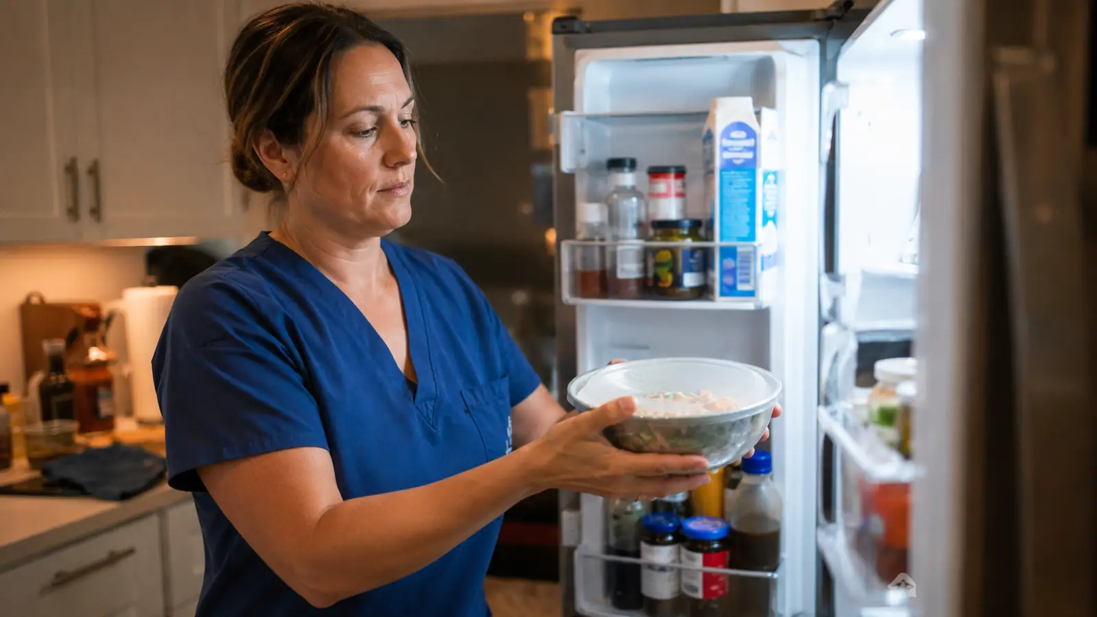 A woman in scrubs pulling a sealed bowl of leftovers out of the refrigerator before a night shift