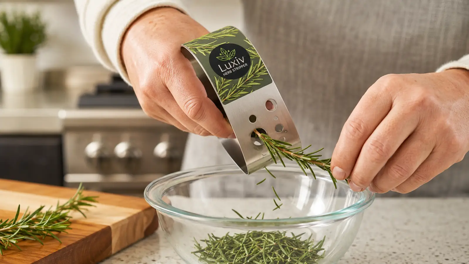 Hand pulling a rosemary stem through a hole in a stainless steel herb stripper over a bowl