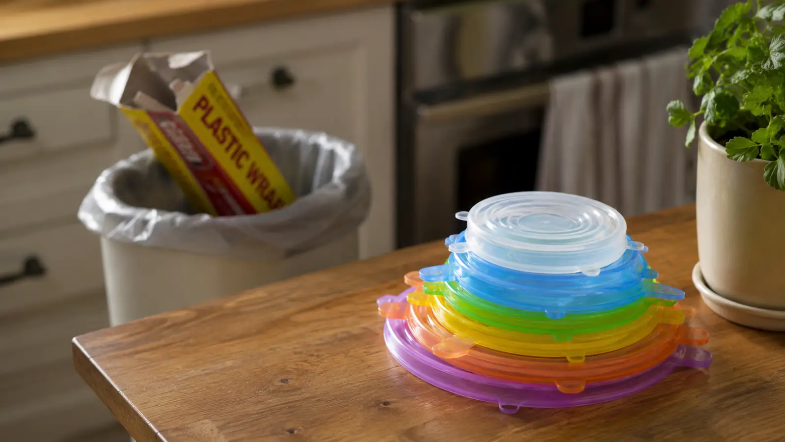 Empty plastic wrap box sitting in a kitchen trash can next to a stack of clean silicone lids on the counter