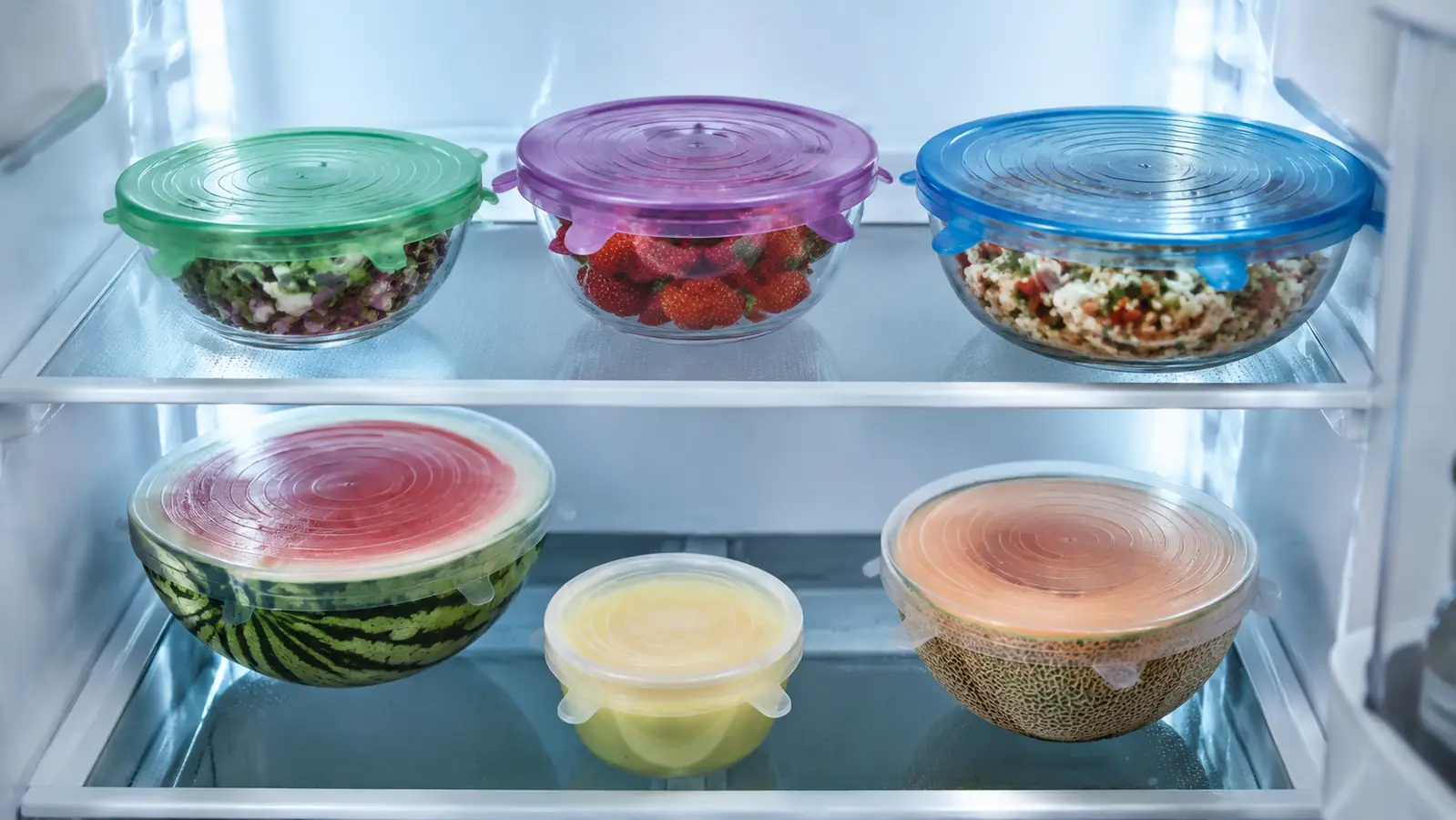 Refrigerator shelf with several bowls and cut vegetables covered in different sized silicone stretch lids