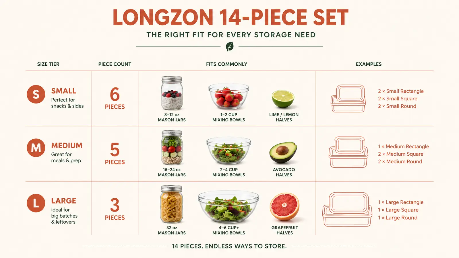 Chart comparing which Longzon lid sizes fit common container shapes