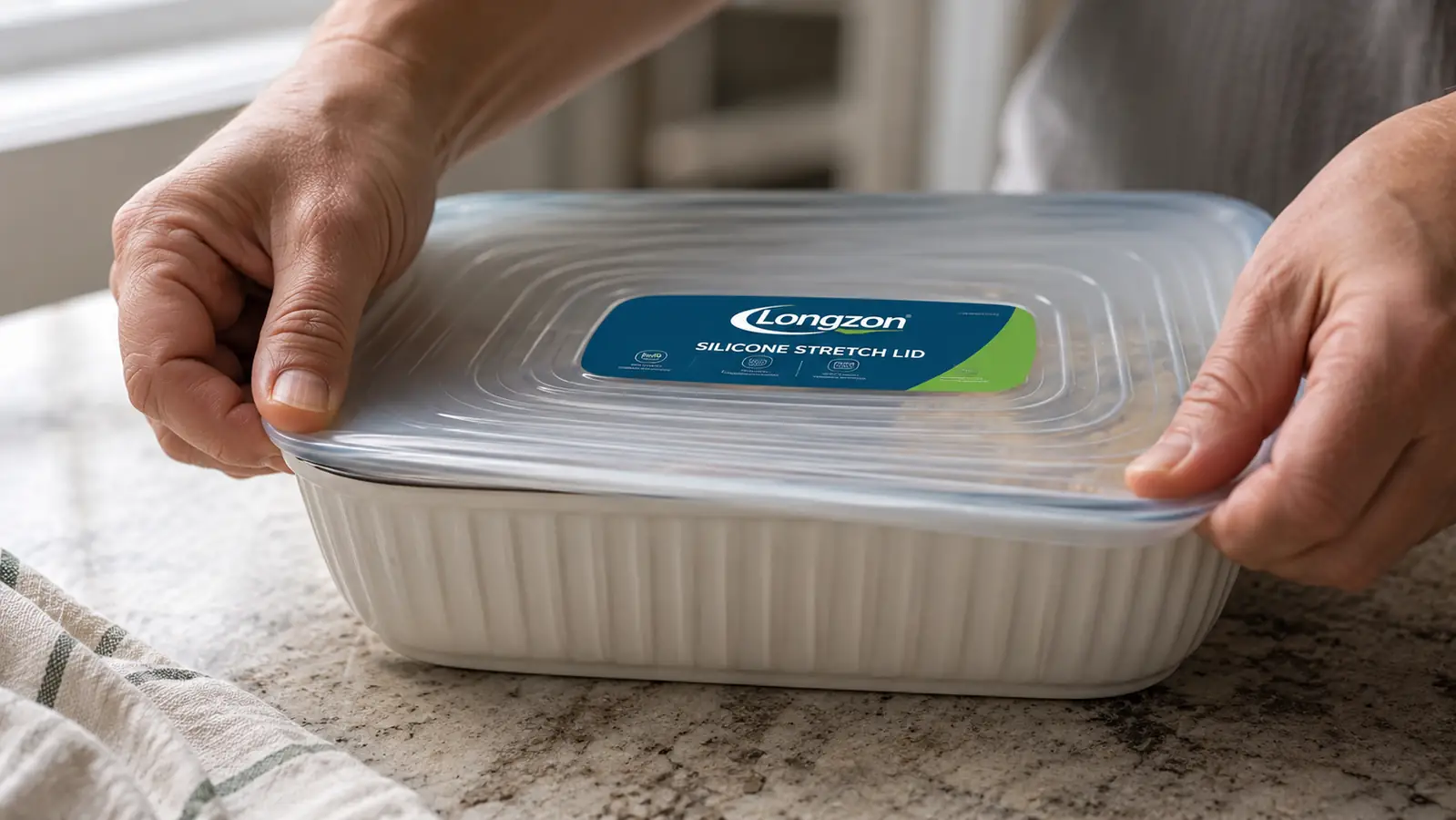 Close-up of hands stretching a Longzon silicone lid over the rim of a ceramic casserole dish