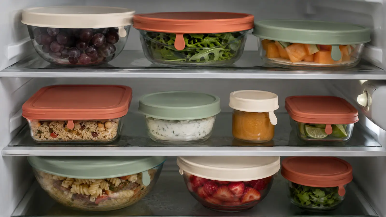 Refrigerator shelf lined with bowls and containers covered in colorful silicone stretch lids