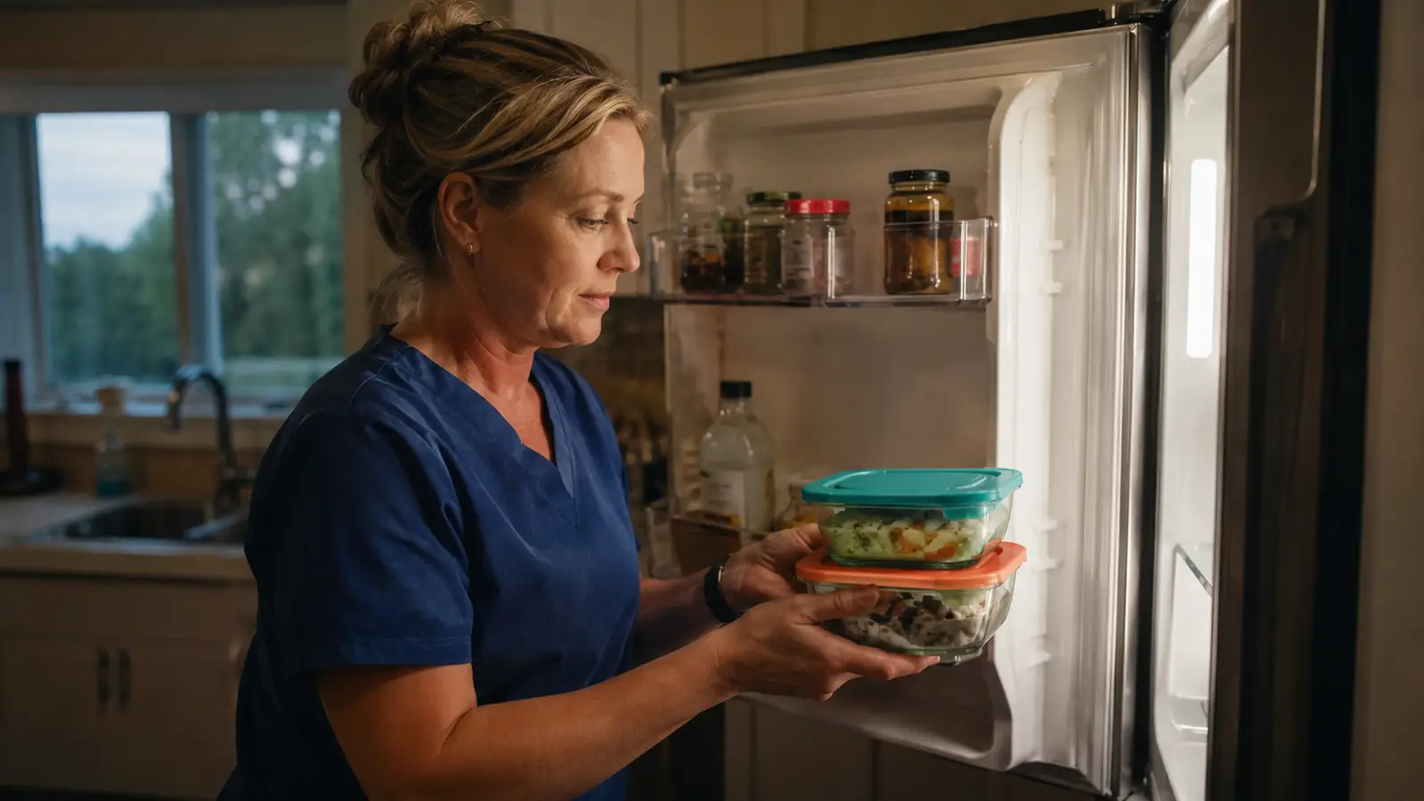 Woman in scrubs putting covered bowls of leftovers into a refrigerator after an evening shift