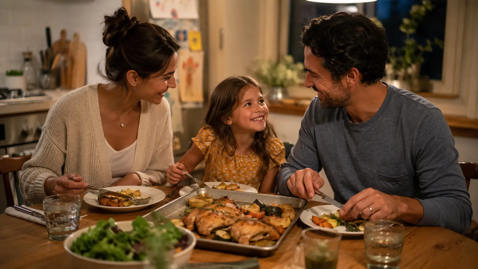 Family sitting down to a weeknight dinner with a sheet-pan rosemary chicken and roasted vegetables on the table