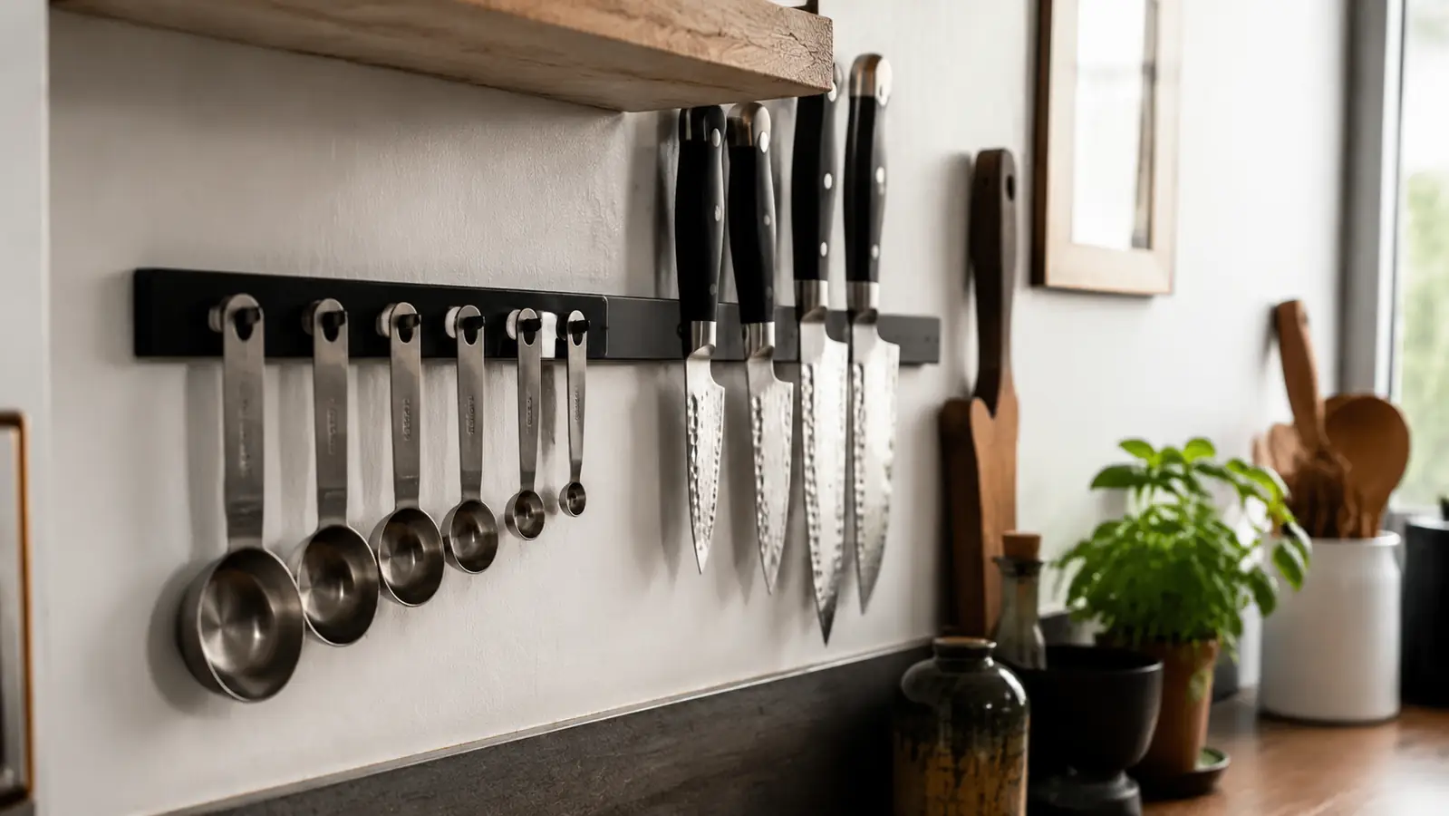Magnetic measuring spoons hanging from a magnetic knife strip mounted on a kitchen wall
